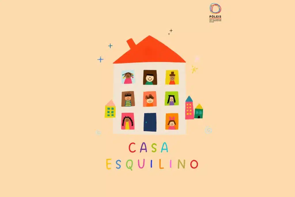 Illustrazione del progetto Casa Esquilino: una casa con le finestre colorate e i volti degli abitanti